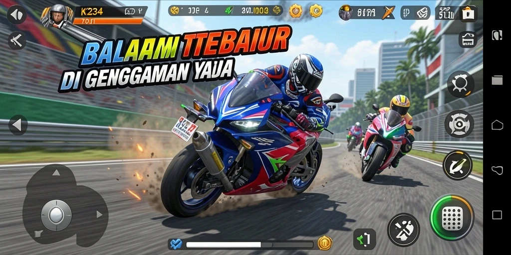 Tampilan gameplay K234 yang menegangkan dengan balapan motor yang cepat.